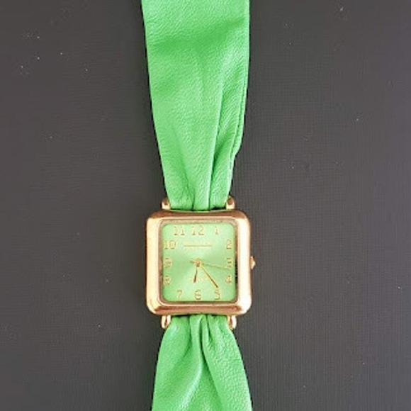 Joan Rivers Accessories - Joan Rivers Classics Green Leather Band Square Gold Tone Quartz Watch Running